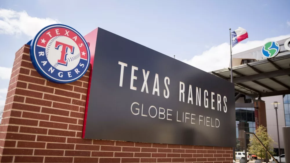 MLB Baseball Texas Rangers' Globe Life Field entrance with flag. Arlington^ TX - March 30^ 2022