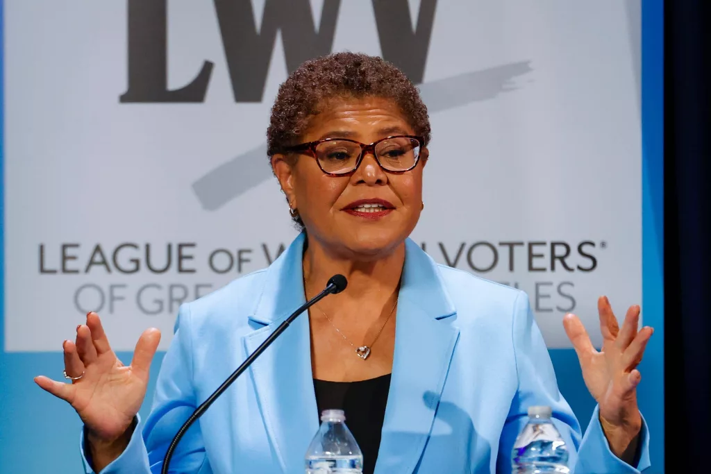 LA Mayor Karen Bass^ attends a mayoral debate on May 1^ 2022 in Los Angeles.