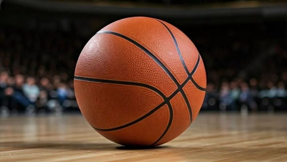 Indoor photo of basketball on the basketball court^ no people^ no brand
