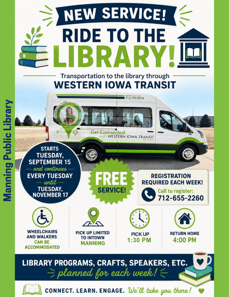 Manning Public Library Partners with Western Iowa Transit to Offer Free Weekly Transportation