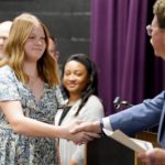 Gale_Scholars_14: Eleven members of the George Washington Gale Scholars Class of 2027 were inducted Tuesday, May 9, during a ceremony held in the Galesburg High School Little Theater. Inductees included: Anayely Pacheco, Macie Jordan, Alliyah Rice, Cordae Sanchez, Jordan Bowling, Ava George, Maddie Coe, Laniyah Sanchez, Evelin Guel, Jocilyn Davidson, and Devaughn Sanchez. Attendees heard remarks from speakers including Steve Cheesman, Director, George Washington Gale Scholars Program; Dr. MarQuita Barker, Vice President for Student Development, Knox College; and Garrett Sprinkle, a senior pursuing a double major in Music & Educational Studies Major at Knox College. The receiving line as the certificates were passed out included Dr. John Asplund, Superintendent, Galesburg 205; Dr. Seamus Reilly, President, Carl Sandburg College, Marquita, Cheesman, and Sprinkle.