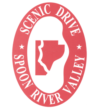 spoon river scenic drive logo, a red oval with the text in white with an outline of Fulton County in the center.