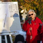 Margo Davila addresses the crowd at a plaque dedication ceremony marking the location of four Railroad Camps on Monday, Oct. 30, 2023, in Galesburg. (BILL GAITHER/CARL SANDBURG COLLEGE)