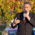 Galesburg Mayor Peter Schwartzman addresses the crowd at a plaque dedication ceremony  marking the location of four Railroad Camps on Monday, Oct. 30, 2023, in Galesburg. (BILL GAITHER/CARL SANDBURG COLLEGE)