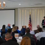 The Galesburg Chamber of Commerce hosted its 45th Annual Thanksgiving Luncheon on Monday, Nov. 20, 2023, at Cedar Creek Hall. Galesburg Mayor Peter Schwartzman gives his state of the city address. (Photo by Bill Gaither)