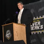 Galesburg Jr./Sr. High School athletic director Eric Matthews speaks during Galesburg Athletic Hall of Fame induction ceremonies Saturday, Nov. 25, 2023, in Galesburg High School.
(Courtesy Dickerson Photography)