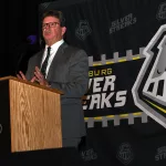 Master of ceremonies Steve Cheesman speaks during Galesburg Athletic Hall of Fame induction ceremonies Saturday, Nov. 25, 2023, in Galesburg High School.
(Courtesy Dickerson Photography)
