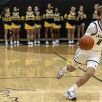 streaks-vs-quincy-bbb-03: Galesburg High School sophomore Jackson Crock Sibbing brings the ball up the floor during the Silver Streaks' 86-34 WB6 Conference loss to Quincy on Tuesday, Dec. 5, 2023 at John Thiel Gymnasium. (Steve Davis)