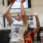 STREAKS-V-ROCKY-GBB-018: The Galesburg Silver Streaks defeated the Rock Island  Rocks 48-39 in Western Big 6 Conference girls basketball action Thursday, Dec. 14, 2023, at John Thiel Gymnasium.