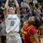 STREAKS-V-ROCKY-GBB-030: The Galesburg Silver Streaks defeated the Rock Island  Rocks 48-39 in Western Big 6 Conference girls basketball action Thursday, Dec. 14, 2023, at John Thiel Gymnasium.