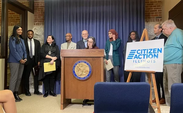 Julie Sampson, co-director of Citizen Action Illinois, speaks at a news conference introducing a bill intended to make certain medications less expensive in Illinois.