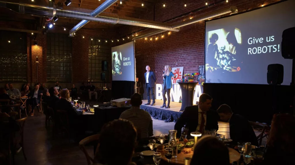 Mike and Heather Acerra, owners of Lux Blox LCC of Galesburg pitch their company during the Bank Tank contest sponsored by Fortress Bank on Thursday, Feb. 22, 2024, in Davenport, Iowa. 