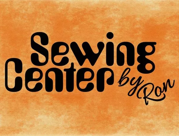 orange background with a black bubble font that reads "sewing center" and in script: "by ron"