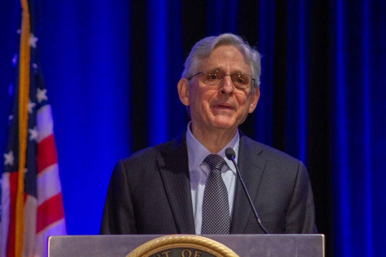 U.S. Attorney General Merrick Garland addresses the second annual Community Based Violence Intervention and Prevention Initiative conference. Garland highlighted federal investments in community-based organizations focused on stemming gun violence. (Capitol News Illinois photo by Dilpreet Raju)