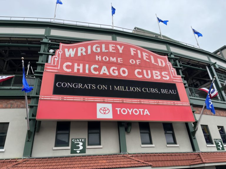 Beau Spencer Thompson was honored on the Wrigley Field marquee after collecting one million Chicago Cubs baseball cards. (COURTESY BEAU SPENCER THOMPSON)