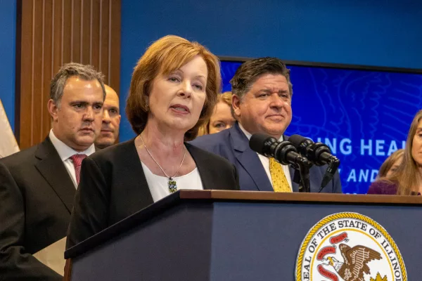 Sen. Ann Gillespie, D-Arlington Heights, speaking at an event in 2023. Gillespie was recently named acting director of the Illinois Department of Insurance. (Capitol News Illinois file photo)