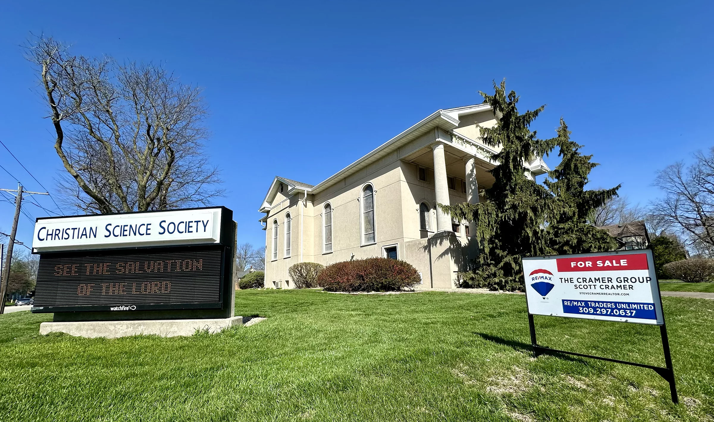 For sale signs are planted along the perimeter of the Galesburg Christian Society church, 600 N. Broad St.