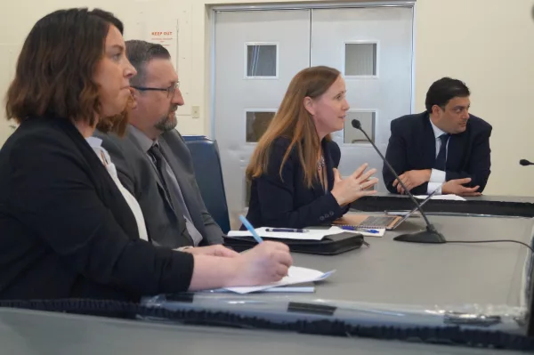 Amy Williams, left, of the Illinois secretary of state’s office, and lobbyists Josh Witkowski, Holly Ambuehl, and Bryan Zarou testify before a House committee about a bill that would require lobbyists to disclose how much they are paid by each of their clients. (Capitol News Illinois photo by Peter Hancock)
