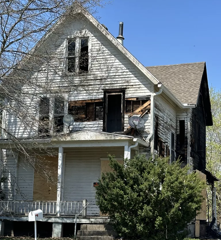 Arson is suspected in a fire that gutted a structure at 1011 E. Brooks St. in Galesburg on Sunday, April 14, 2024. (WGIL)