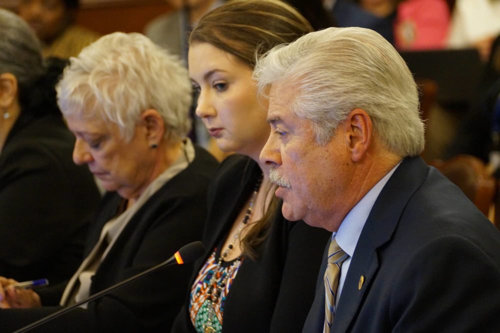 Rep. Fred Crespo, right, and Bridget Peach, executive director of the advocacy group ED-RED, testify in favor of special funding for the education of migrant students during a House committee hearing Tuesday, April 16. (Capitol News Illinois photo by Peter Hancock)