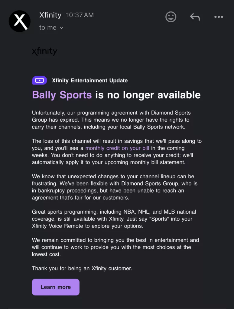 Bally Sports email from Xfinity