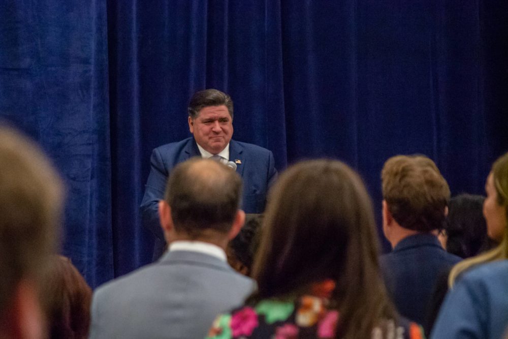 Gov. JB Pritzker speaks at the Illinois Retail Merchants Association and Illinois Manufacturers’ Association business day in Springfield on Wednesday, May 1. At another event this week, he said “I feel pretty good about where we are” when asked about the state’s April revenue performance. (Capitol News Illinois phot by Jerry Nowicki)