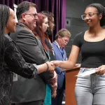 Gale_Scholars_Induction16: Ten members of the George Washington Gale Scholars Class of 2028 were inducted Tuesday, May 8, during a ceremony held in the Galesburg High School Little Theater. Inductees included: SaraRose Carrillo Fredrickson, William Grant IV, Ana Gutierrez, Harley Harris, Aaron Johnson Baker, Alondra Morales, Miles Patrick, Jasper Petry-Garcia, Tymyra Siby and Zacheriah Smith.
Attendees heard remarks from speakers including Steve Cheesman, director of George Washington Gale Scholars Program; Dr. Seamus Reailly, president of Carl Sandburg College; Randi Torrance, director of TRIO Upward Bound Math-Science at Sandburg and a Gale Scholar alumna; and Tyler Ferris, senior computer science major at Knox College.