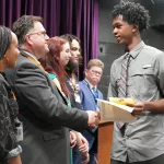 Gale_Scholars_Induction17: Ten members of the George Washington Gale Scholars Class of 2028 were inducted Tuesday, May 8, during a ceremony held in the Galesburg High School Little Theater. Inductees included: SaraRose Carrillo Fredrickson, William Grant IV, Ana Gutierrez, Harley Harris, Aaron Johnson Baker, Alondra Morales, Miles Patrick, Jasper Petry-Garcia, Tymyra Siby and Zacheriah Smith.
Attendees heard remarks from speakers including Steve Cheesman, director of George Washington Gale Scholars Program; Dr. Seamus Reailly, president of Carl Sandburg College; Randi Torrance, director of TRIO Upward Bound Math-Science at Sandburg and a Gale Scholar alumna; and Tyler Ferris, senior computer science major at Knox College.