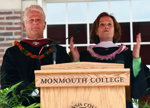 Actress Sigourney Weaver and her writer/director husband, Jim Simpson deliver the commencement address Sunday, May 19, at Monmouth College's 2024 graduation, held on the College's Wallace Hall Plaza. They were both presented with a doctor of humane letters by the College.