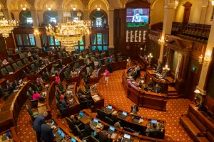 The Illinois House of Representatives, shown during floor debate early in their final scheduled week of the 2024 spring legislative session. (Capitol News Illinois photo by Andrew Adams)