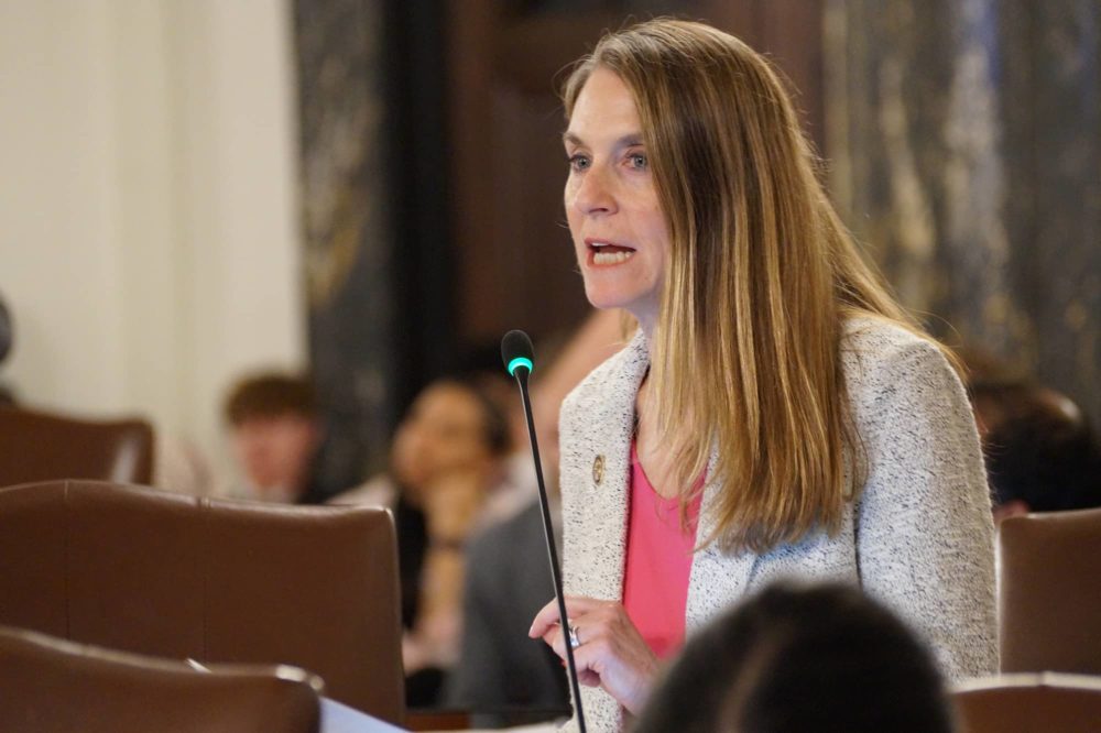 State Sen. Laura Fine, D-Glenview, speaks in favor of her bill to limit the ability of insurance companies to deny coverage or steer individuals toward lower cost, and sometimes less effective, treatments. (Capitol News Illinois photo by Peter Hancock)