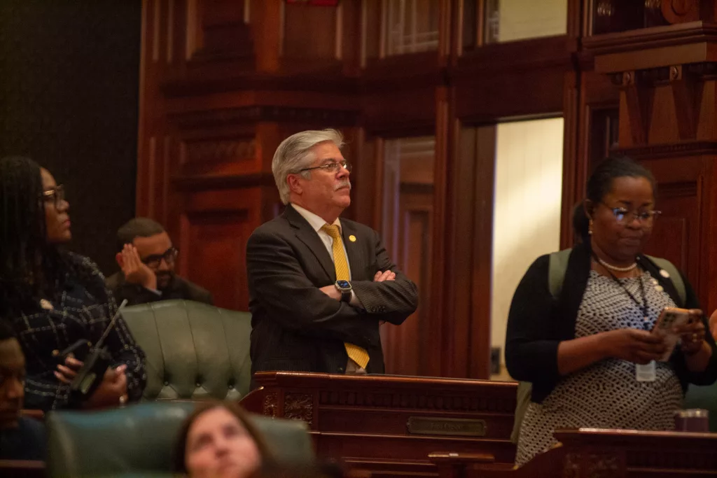 Rep. Fred Crespo, D-Hoffman Estates, watches as a revenue bill needed to enact the budget fall one vote short of passage early Wednesday morning. Ultimately, the bill would pass once recalled for a vote. (Capitol News Illinois photo by Jerry Nowicki)