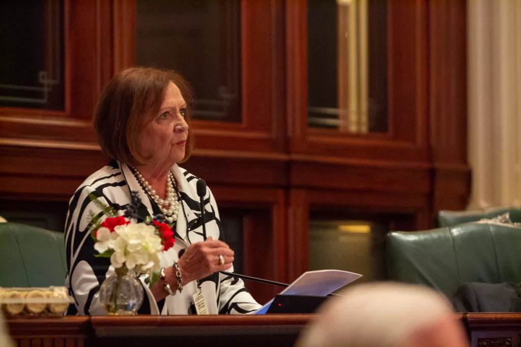 Rep. Norine Hammond, R-Macomb, tells Democrats in the General Assembly they should include a line item in the fiscal year 2026 budget for treating their “spending addiction.” (Capitol News Illinois photo by Jerry Nowicki)