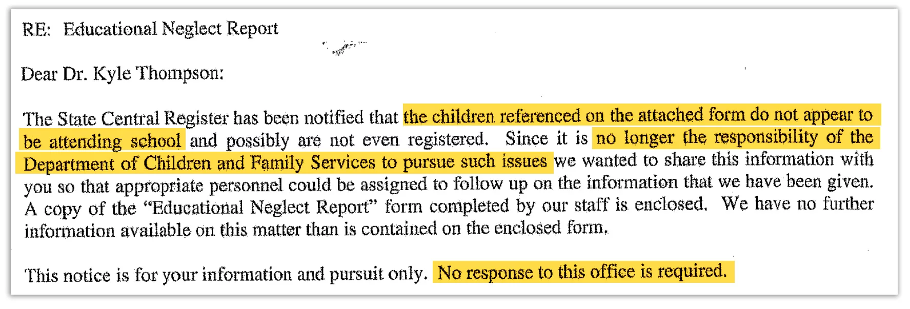 The Department of Children and Family Services forwards educational neglect claims made to its hotline to regional offices of education handling truancy, stating educational officials need not report findings back. (Obtained by Capitol News Illinois and ProPublica. Highlighted by ProPublica.)