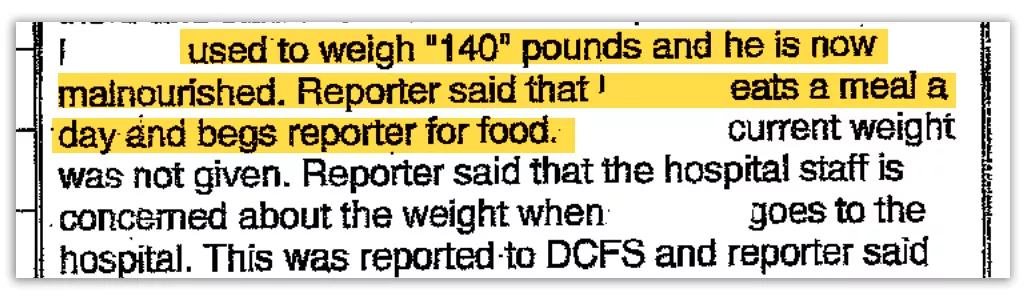 DCFS fielded a complaint about L.J. to its hotline in September 2022 that included concerns about his eating and weight; it also said he hadn’t been in school for years. The department forwarded these details on an educational neglect report to the regional office of education in Charleston. (Obtained by Capitol News Illinois and ProPublica. Highlighted by ProPublica.)