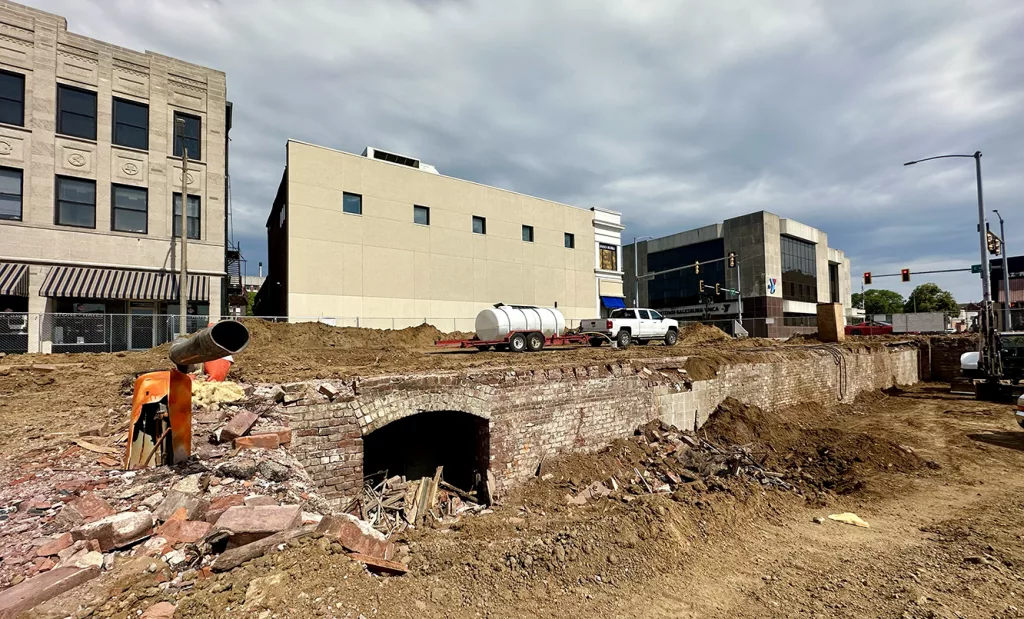 As cleanup continues at the demolition site of a downtown Galesburg building at Main and Prairie streets, interesting finds and artifacts emerge. One appears to be an underground tunnel or entrance way under the sidewalk in the first block of North Prairie Street.