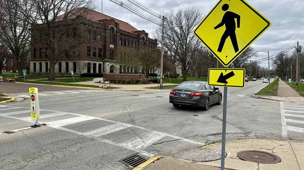 Traffic flows on South Street near the Knox College campus in Galesburg.