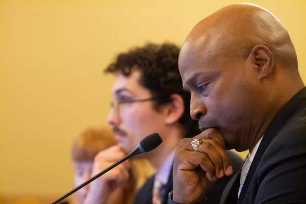 House Speaker Emanuel “Chris” Welch is pictured with members of the Illinois Legislative Staff Association organizing committee testifying in front of an October 2023 committee hearing. (Capitol News Illinois photo by Jerry Nowicki)