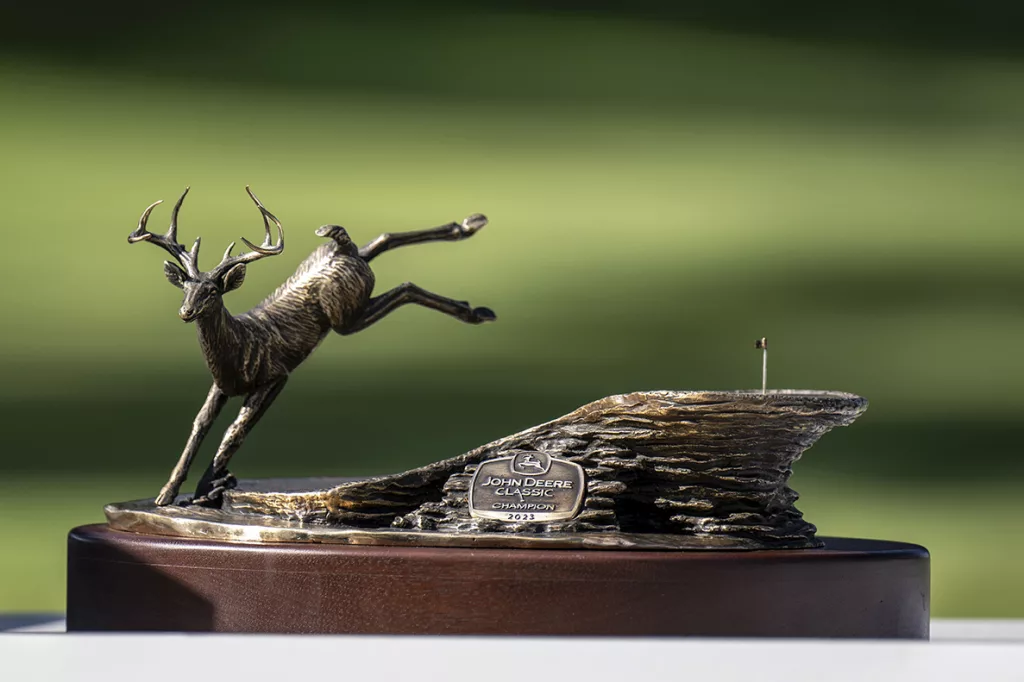 The John Deere Classic Champions trophy seen on the victory stand after the John Deere Classic golf tournament.