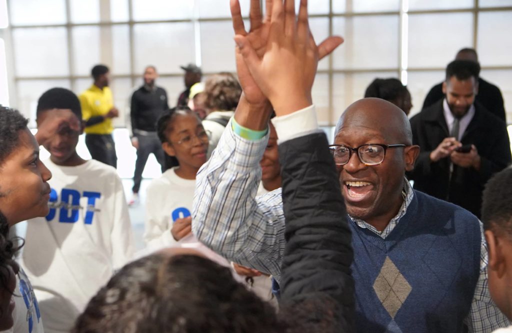 Rodney Blue interacts with students at Carl Sandburg College.