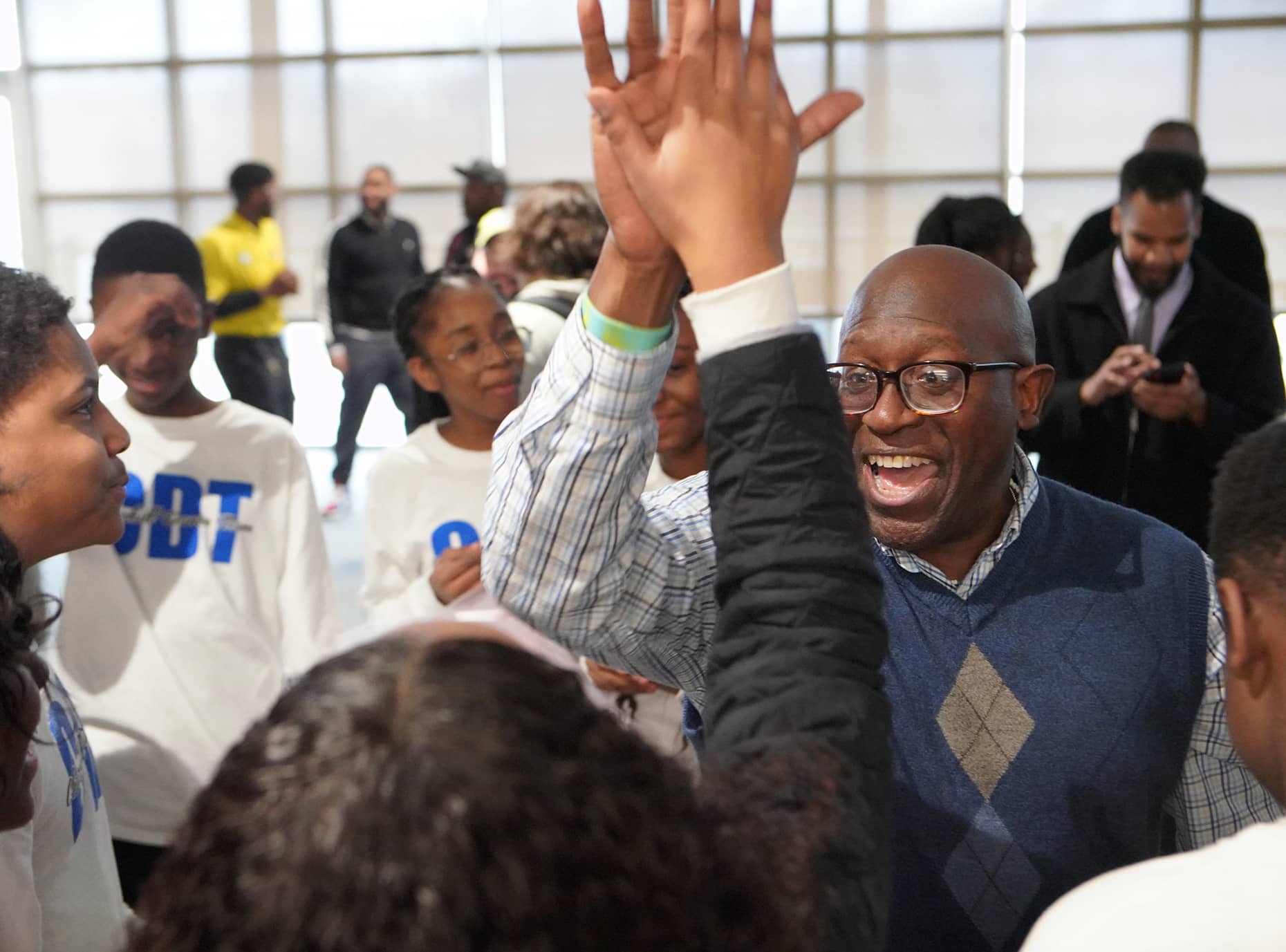 Rodney Blue interacts with students at Carl Sandburg College.