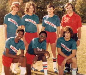 Rodney Blue, middle, front row, with the 1976 Carl Sandburg College cross country team