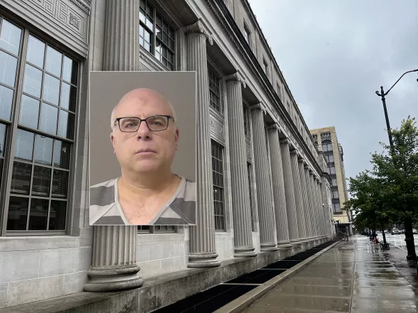 Former Republican state senator and third-party governor candidate Sam McCann is pictured in a February mug shot. He was sentenced to 42 months in prison Tuesday after pleading guilty to misusing campaign funds. (Courthouse photo by Hannah Meisel, Capitol News Illinois; booking photo from Macon County Sheriff’s Office)