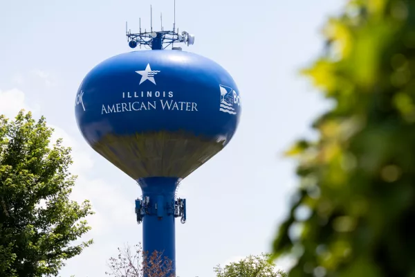 An Illinois American Water water tower is pictured in Bolingbrook. The company is seeking to increase water rates beginning next year. (Capitol News Illinois photo by Andrew Adams)