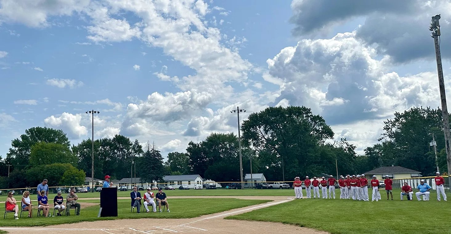 An official dedication ceremony to name the baseball diamond at H.T. Custer Park after Coach Jimmy Isaacson was conducted prior to Sunday’s American Legion doubleheader between Galesburg and Oneida.