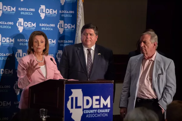 Gov. JB Pritzker (center) and Sen. Dick Durbin (right) are pictured in a file photo with former Speaker of the House Nancy Pelosi in 2019. They joined the list of Illinois Democrats lining up behind Vice President Kamala Harris as the party’s 2024 nominee after President Joe Biden ended his reelection bid. (Capitol News Illinois file photo by Jerry Nowicki)