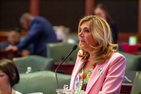 State Rep. Terra Costa Howard, D-Glen Ellyn, is calling for stronger homeschool laws following reporting about the state’s lax oversight. She’s pictured in a file photo on the House floor. (Capitol News Illinois photo by Jerry Nowicki)
