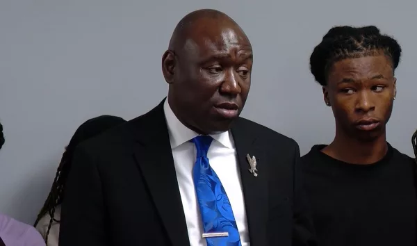 Attorney Benjamin Crump, the renowned civil rights lawyer who is representing the family of Sonya Massey, speaks at a news conference Tuesday alongside Massey’s son, Malachi Hill Massey. (Capitol News Illinois photo by Andrew Campbell)