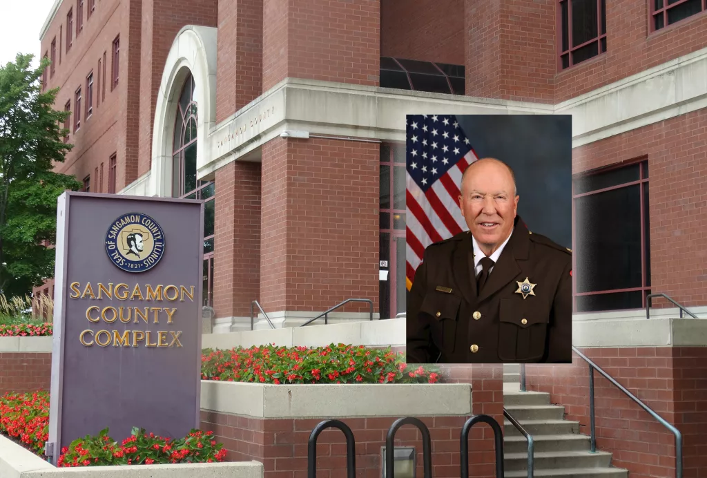 Sangamon County Sheriff Jack Campbell announced he would retire at the end of the month. (Illustration by Capitol News Illinois; Campbell photo provided by Sangamon County Sheriff’s Office)