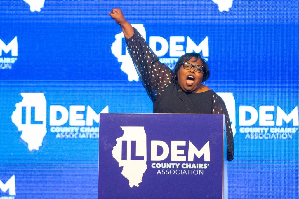 Pam Davidson, Democratic chair for Knox County, delivers a fiery speech to Democrats at the annual Illinois Democratic County Chairs’ Association brunch in Springfield Wednesday. (Capitol News Illinois photo by Jerry Nowicki)